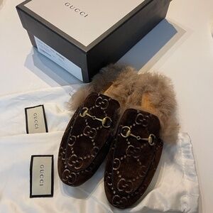 GUCCI Brown GG Fur Velvet Horsebit Accent Princetown brown Mules Size 37 w/box